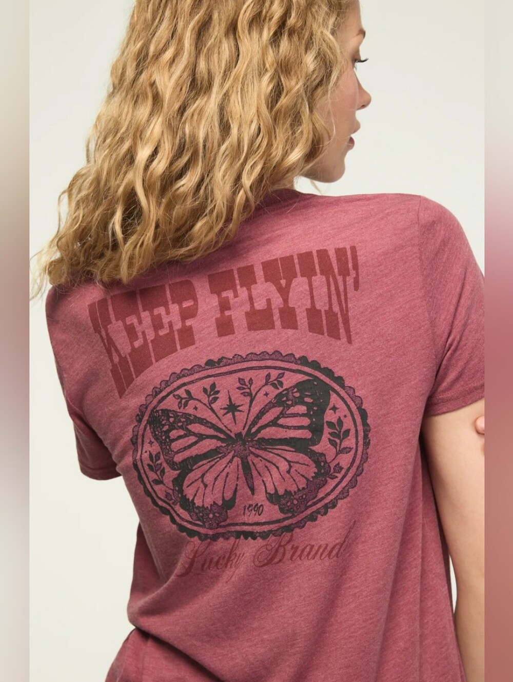 Lucky Brand Women's "Keep Flyin" Butterfly Graphic T-Shirt size XL Dry Rose
